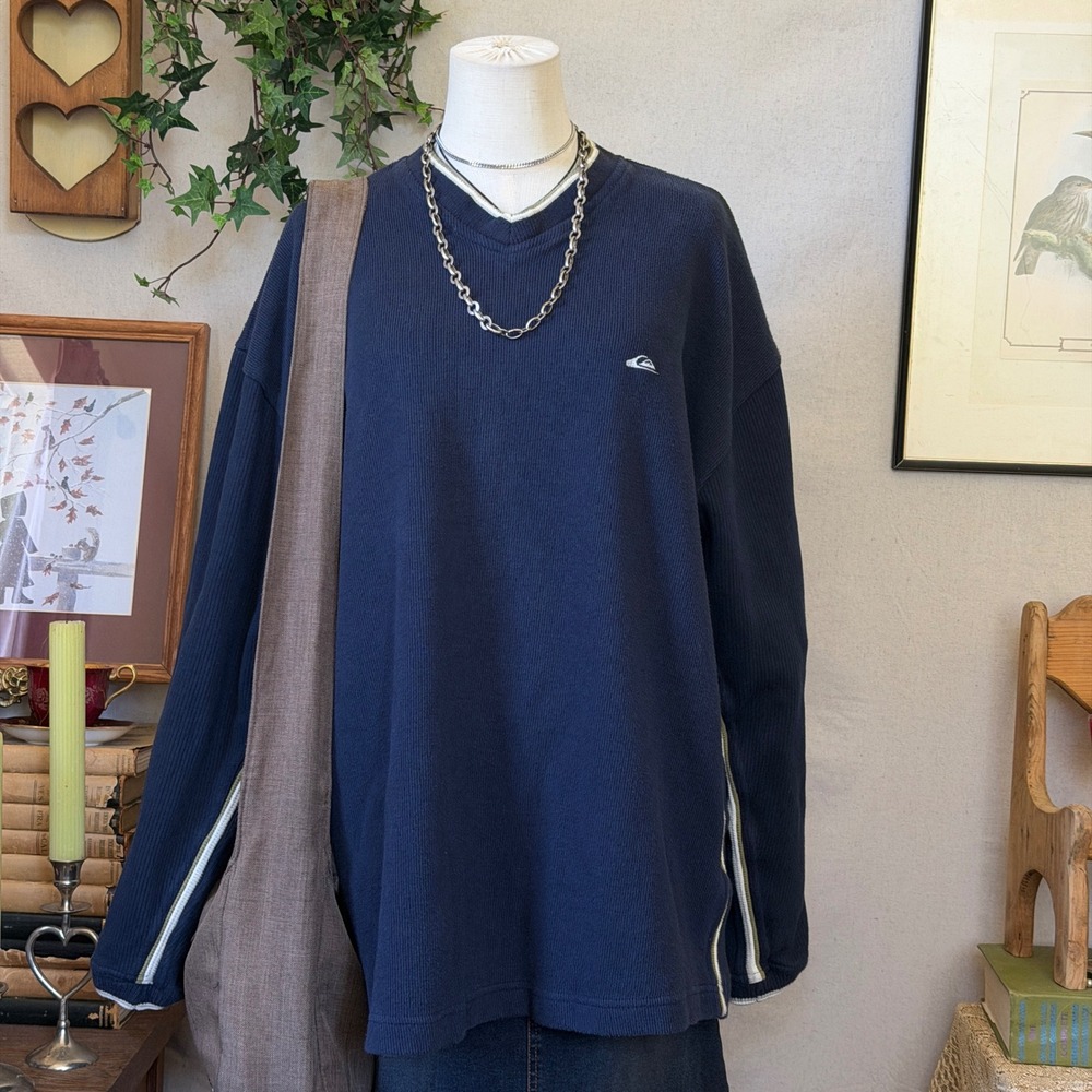 90s Quiksilver Blue Ribbed Stripe Sweater Oversized Indie Grunge XL Skater